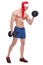 A , guy with a naked torso and a santa hat swinging his biceps with dumbbells. Isolated.