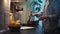 Guy preparing meal in pot on stove in kitchen. stirs wooden spoon