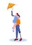 A guy with a prosthetic leg holds a girl with a bionic prosthetic arm in his arms. They are flying a kite. Vector