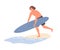 Guy running to water from sand beach carrying surfboard vector flat illustration. Smiling surfer man practicing seasonal