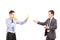 Guy showing a yellow card and blowing a whistle to a young businessman in suit