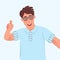 The guy shows gesture thumbs up that everything is great. Blogger, video blog, selfie. Professions on the Internet. Vector illustr