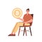 The guy sits in a chair and holds a bitcoin in the form of a coin in his hands. Character in modern trendy style.
