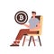 The guy sits in a chair and holds a bitcoin in the form of a coin in his hands. Character in trendy style.
