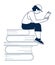 Guy sitting on giant book stack and reading. Literature lover icon