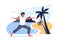 Guy stands in a warrior pose on sea beach. Outdoor yoga exercise practice. Vector cartoon character illustration