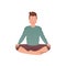 A guy of strong physique sits in a lotus position. Isolated. Cartoon style.