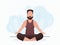 A guy with a strong physique sits meditating in the lotus position. Meditation. Cartoon style.