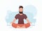 A guy with a strong physique sits meditating in the lotus position. Yoga. Cartoon style.