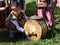 guy in a traditional comedy of Ukrainian highlanders Hutsuls plays a drum during the Brynza Festival (Hutsul Sheep Cheese) in