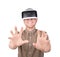 A guy trying to touch or embrace with hands virtual objects in a digital simulation. A young man in a virtual glasses. VR device.