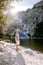 Guy on vacation in the Ardeche France Pont d Arc, Ardeche France,view of Narural arch in Vallon Pont D`arc in Ardeche