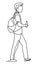 Guy walk or travel to city. Traveler man wear bag pack. Guy holds a bottle water. Continuous line drawing. Vector