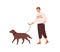 Guy walking with cute dog on leash vector flat illustration. Happy domestic animal and owner spending time together