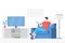 Guy watching television flat vector illustration. Young man sitting on comfortable couch holding remote cartoon