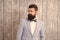 Guy well groomed bearded hipster wear tuxedo. Hairstyle and beard grooming. Barber shop concept. Gentleman style barber