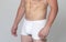 Guy in white underwear. Fitness model Athletic guy. Abdominal muscle, man abs, six pack.