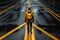 a guy with a yellow backpack walks along an empty road, rear view generative ai