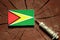 Guyana flag on a stump with syringe injecting money