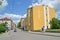 GVARDEYSK, RUSSIA. View of Telman Street and building of Roman Catholic parish of Saint Joseph