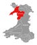 Gwynedd red highlighted in map of Wales