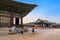 Gyeongbokgung Palace the famous landmark of South Korea before closing time with the traveler in the sunset sky