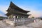 Gyeongbokgung Palace the famous landmark of South Korea before closing time with the traveler in the sunset sky