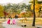 Gyeongbokgung palace, people with Hanbok Korean traditional clothes at autumn in Seoul, Korea