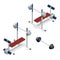 Gym adjustable weight bench with barbell isolated on white background. Flat 3d isometric vector illustration.