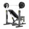 Gym adjustable weight bench with barbell on white