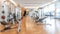 Gym blur background fitness center, workout personal training studio, health club with blurry sports exercise equipment