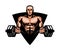 Gym, bodybuilding, fitness logo or label. Muscular man or bodybuilder holding heavy barbell. Vector illustration