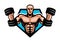 Gym, bodybuilding, sport logo or label. Muscular bodybuilder holding dumbbells in hands. Vector illustration