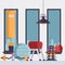 Gym equipment vector illustration. Empty sport studio with punching bag, gymnastics ball and set of dumbbells. Fitness