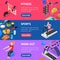 Gym Exercise Equipment Banner Horizontal Set Isometric View. Vector