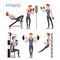 Gym exercises, body pump workout vector set with cartoon sport man characters. Fitness people