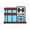 Gym fitness center icon. bodybuilder place illustration with dumbbell symbol. simple graphic