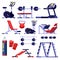 Gym and fitness club equipment set. Training apparatus, vector isolated illustration. Bodybuilding machines icons