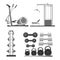 Gym or fitness sport club equipment and accessories vector flat icons