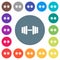 Gym flat white icons on round color backgrounds