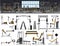 Gym interior icon set.Fitness center design in flat style with power rack,Bench Press, Pull-Down, Pec Deck, Dumbbells, Exercise