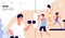 Gym landing. People doing fitness exercises, cardio training and weight lifting in gym. Online vector workout web page