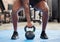 Gym, strong and fitness hand with kettlebell for body builder training, workout and cardio. Bodybuilder, exercise and