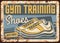 Gym training shoes rusty metal plate, vector promo