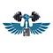 Gym weightlifting and fitness sport club logo, retro style vector emblem with wings. With barbell and strong hand fist.
