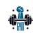 Gym weightlifting and fitness sport club logo, retro stylized vector emblem or badge. With barbell and strong hand fist.