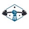 Gym weightlifting and fitness sport club logo, retro stylized vector emblem or badge. With barbell and strong hand fist.