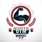 Gym weightlifting and fitness sport club vector emblem made using muscular athletic arm showing