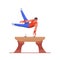A gymnast with an athletic physique performs an exercise on an apparatus pommel horse