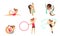 Gymnast Girls Performing Rhythmic Gymnastics Elements with Ball, Ribbon, Hoop, Aerial Silks Vector Illustration